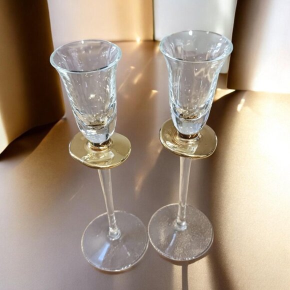 Vintage Venetian Hand-Blown Cordial Glasses – Gold Bobeche, 8" Tall, Set Of 2 - Picture 7 of 9